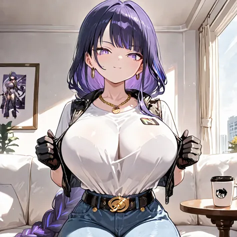 masterpiece, best quality, very aesthetic, absurdres, safe, raiden shogun, beautiful purple eyes ,long braided hair, long purple hair ,pony, android 18 costume ,wearing a white t-shirt layered over a black vest-style top. Her pants are light blue jeans wit...