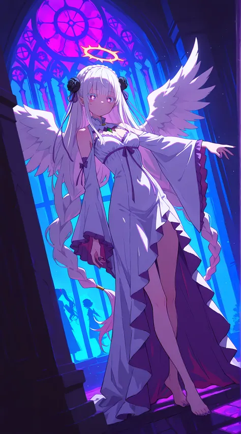 stile anime、very detailed eyes, evangelizing eyes, beautiful girl, solo, Emilia re zero, white background, While showing off her sexy foot, Sexy foot in the foreground, toenails with purple nail polish, 精致beautiful面容和眼睛, Deep eye shadow , white ribbon,copr...