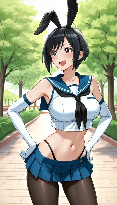 score_9, score_8_up, score_7_up, source_anime top quality、8k、masterpiece、natural light、high accuracy、Perfect Anatomy、One woman、medium chest、saggy breasts:1.5、black hair、Shortcut、boyish、( Happy Expression 、blushes)、 shimakazecosplay, shimakaze \(cosplay\), ...