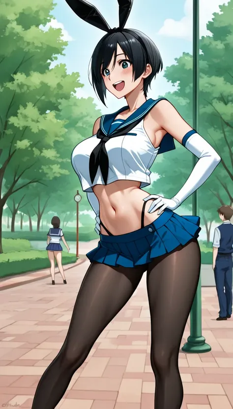 score_9, score_8_up, score_7_up, source_anime top quality、8k、masterpiece、natural light、high accuracy、Perfect Anatomy、One woman、medium chest、saggy breasts:1.5、black hair、Shortcut、boyish、( Happy Expression 、blushes)、 shimakazecosplay, shimakaze \(cosplay\), ...