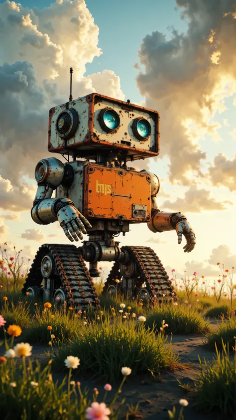 8k, Masterpiece, Top Quality, medium shot, low angle, weathered robot, boxy shape, binocular eyes, tank treads, orange panel, stationary on grassy hill, looking up, looking towards sky, outdoor field, grassy hill with wildflowers, sunset sky, large clouds,...