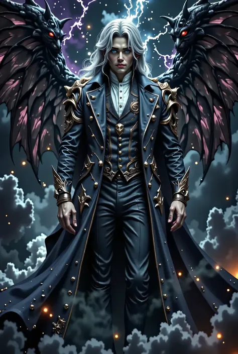Hyperreal Cinematic Full body shot of a confident man with short, white hair and bright blue eyes behind sharp aquiline facial features. He is impeccably dressed in a sleek, black, high-collared coat and tailored ves twith intricate angelic script in silv...