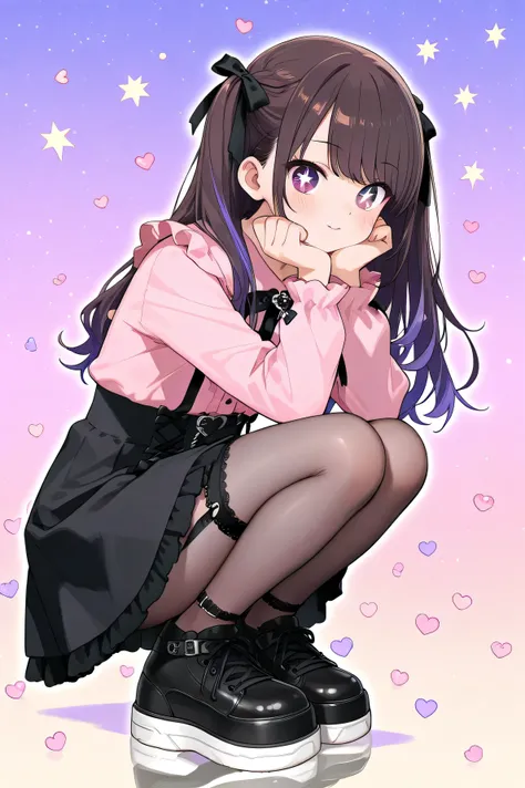 cute anime otoko no ko, jirai_kei, gothic_ta, dark brown and purple gradation medium-length hair, big sparkling brown and lavender eyes, black bows in hair, black skirt, garter straps, legwear garter pantyhose, soft pastel aesthetic, surrounded by small he...