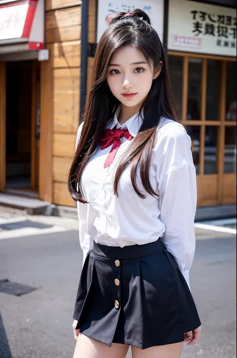 A girl (18 years old, Japanese pretty face) is wearing high school uniform with mini skirt on Spring sunny day.