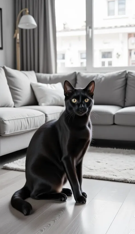 a black and white cat is sitting in the living room