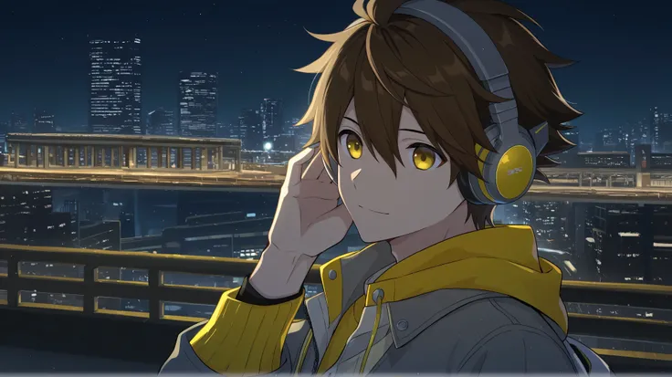 A brown-haired boy, wearing gray headphones, yellow clothing with gray and yellow details, during the night, In a city with buildings