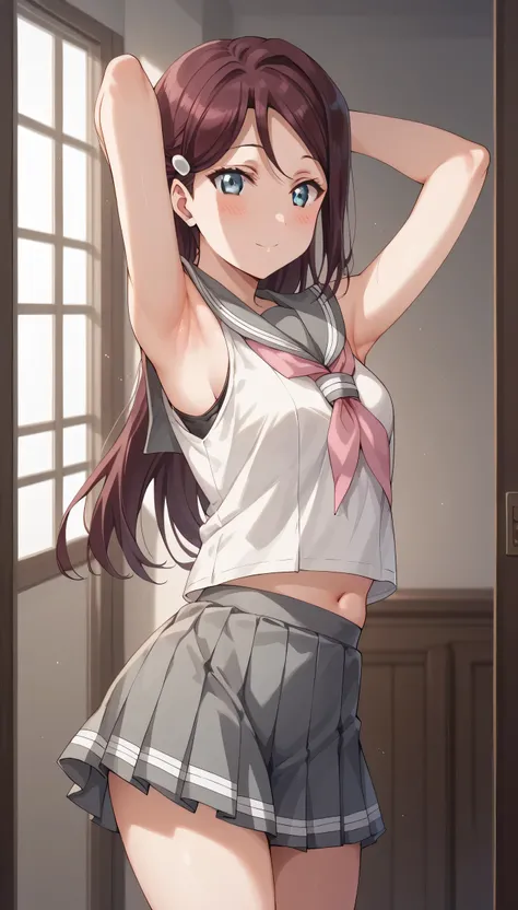 An image of Riko Sakurauchi, wearing a Sailor fuko and short gray foldable skirt, in a room , armpits , ingre, standing in a corridor , closed legs, blushed