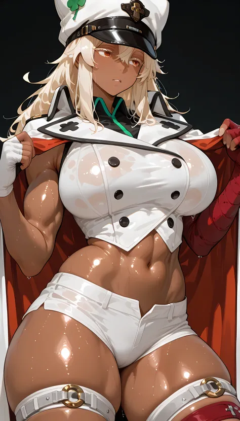 masterpiece, best quality, amazing quality, hyper-detailed, newest, very aesthetic, 1girl, thick thigh, Sweaty, big breasts, large thighs, shiny, shiny muscle, rmlthlvltne, dark-skinned female, long hair, blonde hair, orange eyes, colored eyelashes, white ...