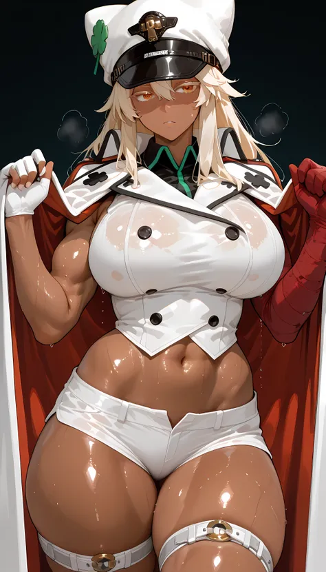 masterpiece, best quality, amazing quality, hyper-detailed, newest, very aesthetic, 1girl, thick thigh, Sweaty, big breasts, large thighs, shiny, shiny muscle, rmlthlvltne, dark-skinned female, long hair, blonde hair, orange eyes, colored eyelashes, white ...