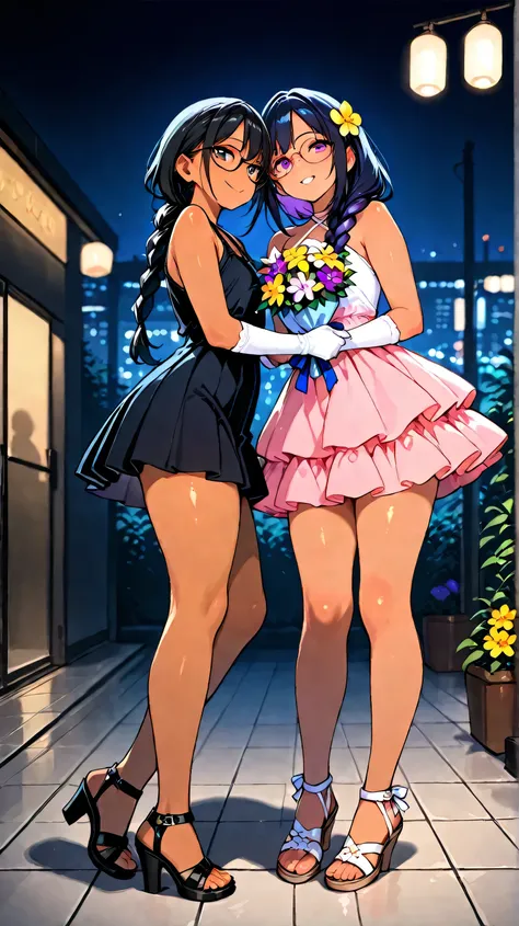 A female couple (lesbian) formal dress, girlfriends. First woman is wearing a sleeveless short dress, Deep darkblue, dressed in ruffles and holding a bouquet of pink and purple flowers, black long wave hair, brown skin. complemented by shiny sandals and de...