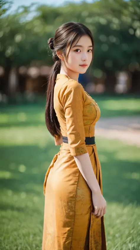 1 girl, hair bun, beautiful girl, mmTD burmese patterned traditional dress, yellow dress, outdoor, perfect light, masterpiece, best quality, ultra detailed, cinematic feels, looking at the viewer, 8k, RAW photo, realistic, photo realistic, intricately deta...
