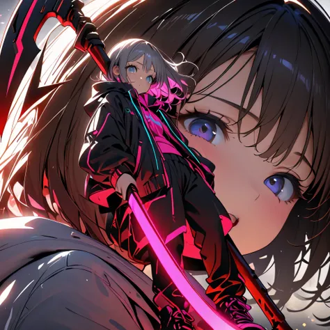 detailed face、best detail、Highest Quality、masterpiece、Super Detail、high precision、detailed silhouette of a minimalistic、 pretty face、Baby Face、cyberpunk girl holding a giant bloody scythe of a machine, flowing , have a giant bloody scythe of the machine,T...