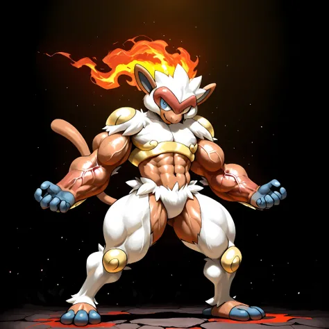 solo, full body, from front, standing, BREAK Infernape(Pokémon), Pokémon(creature),BREAK big eyes, slant eyes, dark blue eyes, looking at viewer, malicious smile, well-featured face, BREAK (Toned body), (Huge and strong body of overwhelming muscularity), b...