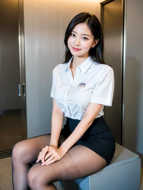 ((Highest Quality、8k、masterpiece:1.3))、photorealistic, sharp concentration in nude clothes,  high image quality , nothing, Portrait, alone,  Japanese, female, きれいなfemale,  sexy, short sleeve business blouse、 above knee skirt 、 elevator、under the pantyhose、...