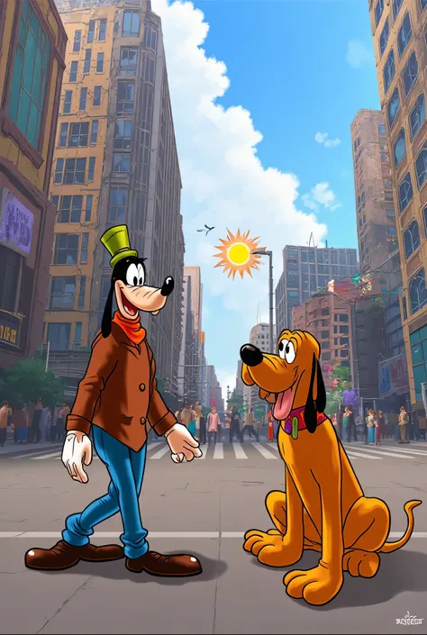 (Imaginar ((Goofy with Pluto in the cartoon format)) walking around a city in a different reality and context because Goofy and Pluto had left the cartoon universe and started to interact in the real world, then real people, buildings , carros , Stores eve...