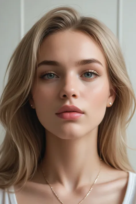 close-up portrait of a woman with fair skin and long, light brown hair,Her lips are painted with a soft pink lipstick, and her facial expression is relaxed. The background is a plain white, emphasizing the subject's features. The lighting is bright and eve...