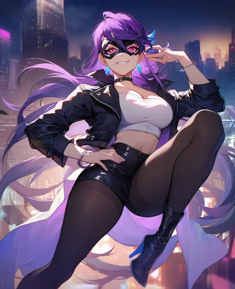Ruri_kurosaki, wearing purple and black jacket, exposed white strapless bralette top, breasts, open jacket, wearing black tight leggings, white heeled boots, night, city, smirk, pink eyes, long purple hair, 1girl, solo, bracelet, mask like a dragon's head ...