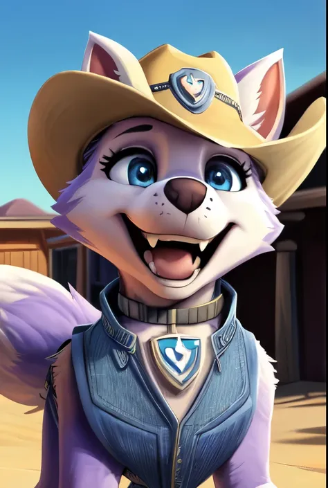 Everest, ((Paw Patrol)), ((female solo)), domestic dog, female, adult female, (blue eyes:1.45), (purple fur:1.25), ((lavender body)), (feral2.25), (quadruped:2.25), (wearing blue denim vest:1.85), (wearing cowboy hat:1.55), ((sharp teeths)), (large fangs:1...