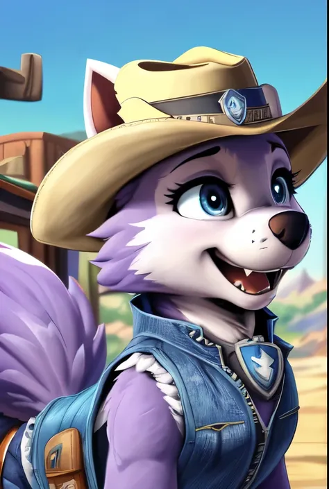 Everest, ((Paw Patrol)), ((female solo)), domestic dog, female, adult female, (blue eyes:1.45), (purple fur:1.25), ((lavender body)), (feral2.25), (quadruped:2.25), (wearing blue denim vest:1.85), (wearing cowboy hat:1.55), ((sharp teeths)), (large fangs:1...