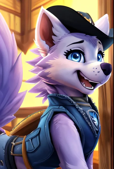 Everest, ((Paw Patrol)), ((female solo)), domestic dog, female, adult female, (blue eyes:1.45), (purple fur:1.25), ((lavender body)), (feral2.25), (quadruped:2.25), (wearing blue denim vest:1.85), (wearing cowboy hat:1.55), ((sharp teeths)), (large fangs:1...