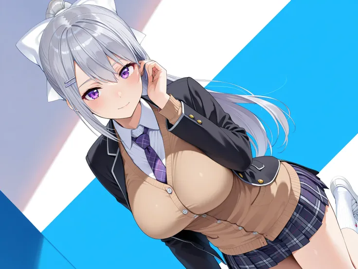 best quality, amazing quality, highres, absurdres, very aesthetic, high resolution, ultra detailed, perfect details,nijikaede,large breasts,purple eye,grey hair,long eyelashes,long hair,ponytail,white bow,hair pin,nijikaedecos,white shirt,purple necktie,pl...