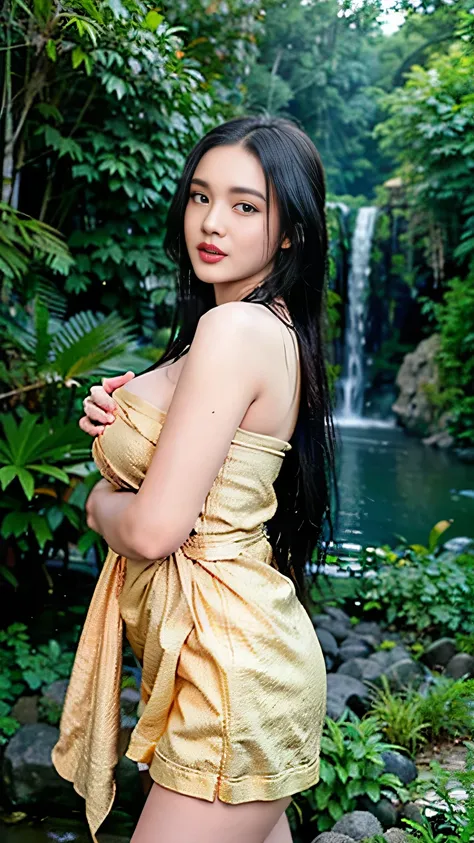 Beautiful Girl, Spanish makeup, Red lips, huge breasts, ((medium body, open legs)), wrap a towel, body towel wrap, white towel, thigh, bodytowel, ((dripping water on big cleavage)), Looking at the viewer, stand, pose standing, lakes, ((view of the lake in ...