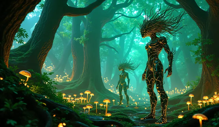 Forest spirits with cybernetic enhancements standing in an ancient enchanted forest, mist swirling around dense bioluminescent trees, glowing mushrooms at their feet, spirits with armor blending vines and metal, ethereal soft glow lighting, shimmering beam...