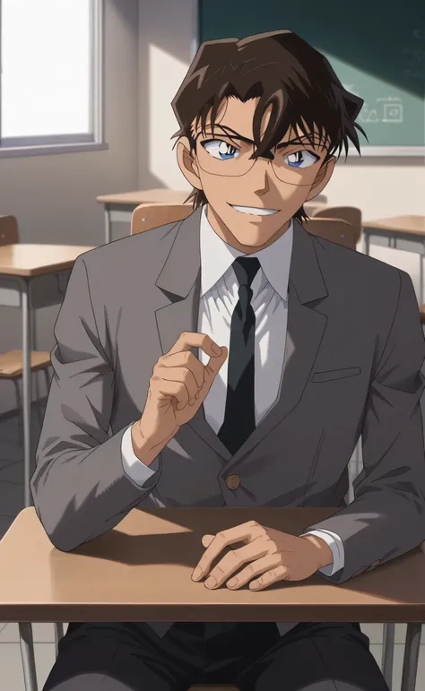 1male,solo,young,Aizen Sōsuke,dark brown hair,medium hair,hair between eyes,bang,blue eyes,opaque glasses,white skin,grey blazer,white shirt,black necktie,black pants,villain,smile,cool face,classroom,detective conan,