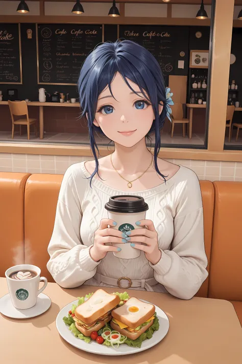 Highest resolution, beautiful image quality, masterpiece, excellent quality, cute face, beautiful girl, Mita, MiSide, semi-long, blue hair, chignon hair, blue eyes, necklace, nails, lips, wearing a white knit dress, girl at a cafe, sitting on the terrace, ...