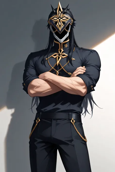 score_9, score_7_up, source_anime  
ilcapitano, 1boy, male focus, solo, black hair, long hair, mask, faceless, faceless male,  
modern room, indoor, minimalistic interior, soft lighting,  
white button-up shirt, rolled-up sleeves, muscles visible under clo...
