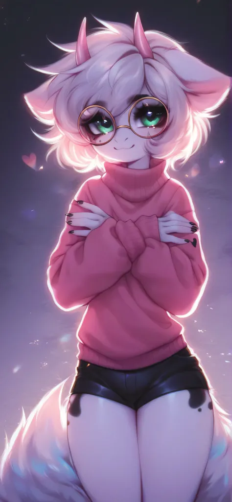 ralseum furry, with a round cute face. he's wearing a pink baggy sweater with a black heart on the front, short black shorts. he has 2 small short pink horns on his head, and also wears round glasses. he has a short white fluffy hairstyle and his fluffy ea...