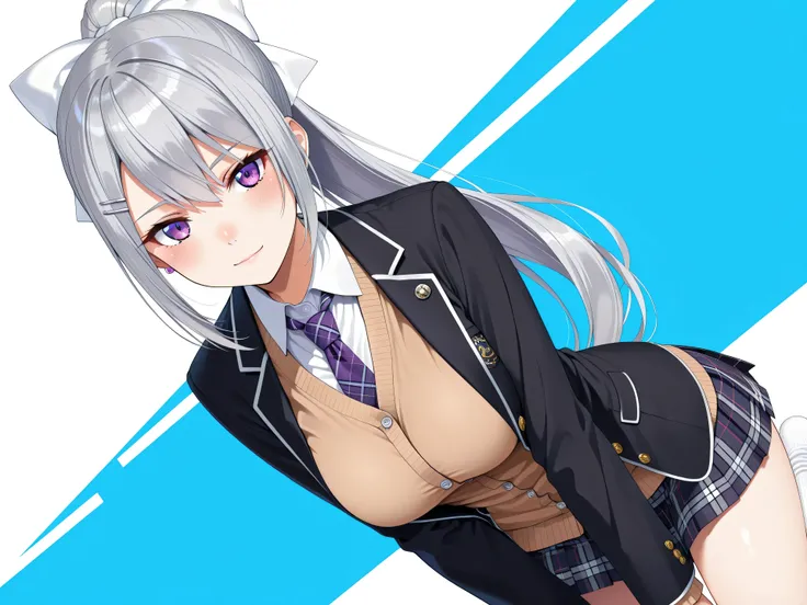 best quality, amazing quality, highres, absurdres, very aesthetic, high resolution, ultra detailed, perfect details,nijikaede,large breasts,purple eye,grey hair,long eyelashes,long hair,ponytail,white bow,hair pin,nijikaedecos,white shirt,purple necktie,pl...