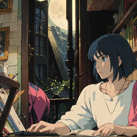 masterpiece, 1 boy, solo, Howl's_Jenkins , blue eyes, detailed eyes, My hair is , white shirts, , and sits next to my computer, forest, At night, star, moon,