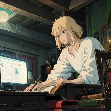 masterpiece, 1 boy, solo, Howl's_Jenkins , blue eyes, detailed eyes, My hair is , white shirts, , and sits next to my computer, forest, At night, star, moon,