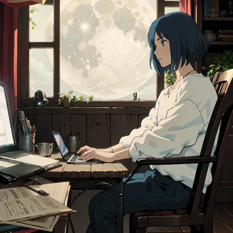 masterpiece, 1 boy, solo, Howl's_Jenkins , blue eyes, detailed eyes, My hair is , white shirts, , and sits next to my computer, forest, At night, star, moon,