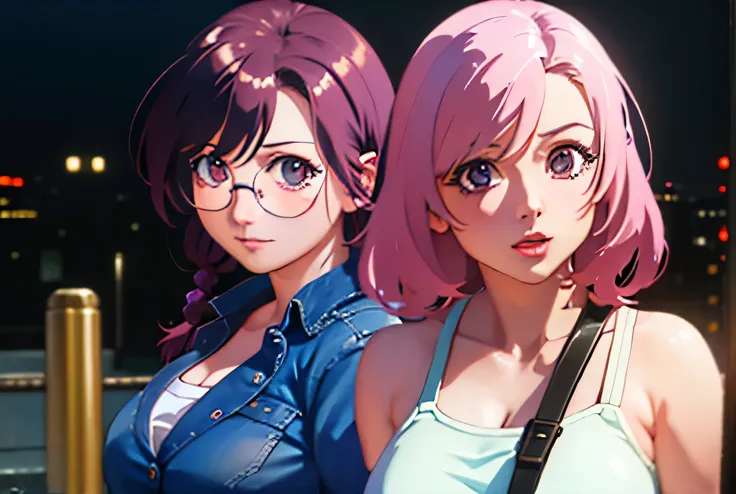 In the gritty New York City subway. 2girls. Hanekawa Tsubasa and Kazami Mizuho. realistic, 8K, professional, highly detailed, masterpiece, photorealistic background, HDR, studio lighting, physically-based rendering, ultra-fine painting, hyperrealistic back...