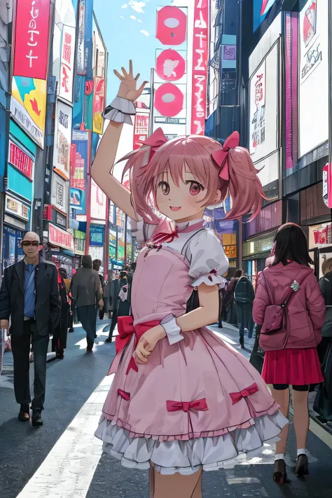 madoka kaname, a cute 2 head tall magical girl, chibi character, in 2D anime cel-shaded style, flat colors, no depth, outlined, confident smile, striking a pose with one hand raised, standing in the middle of a crowded street,  
many realistic surprised pe...