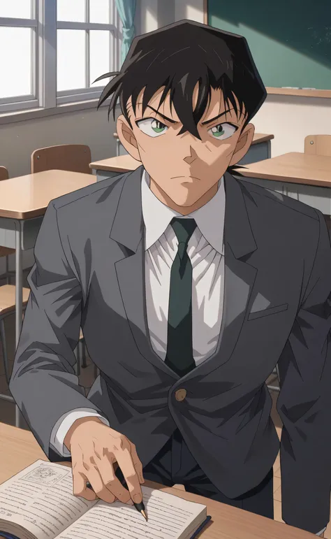 1male,solo,young,Touji Fushiguro,black hair,hair between eyes,green eyes,grey blazer,white shirt,black necktie,black pants,lazy,Detective,classroom,Detective Conan,