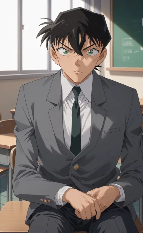 1male,solo,young,Touji Fushiguro,black hair,hair between eyes,green eyes,grey blazer,white shirt,black necktie,black pants,lazy,Detective,classroom,Detective Conan,