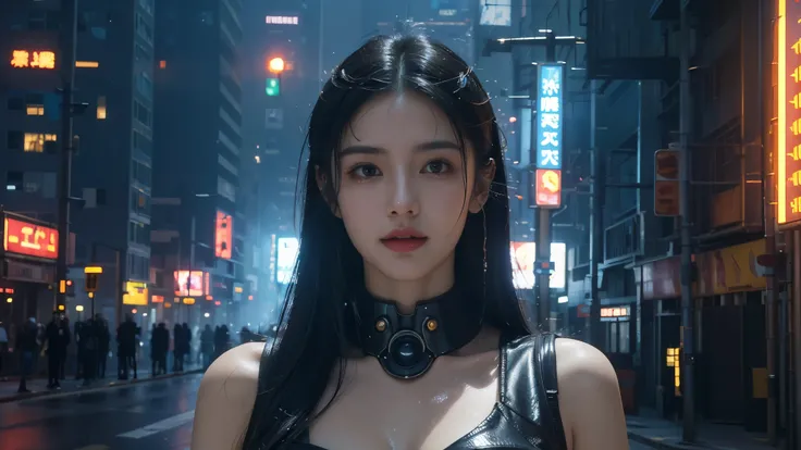 masterpiece,best quality,high resolution, 8,000,(Portrait Photos:1.5),(R Original photo),Real Photos,Digital photography,(cyberpunk style的城市街头，Bustling city streets，Neon sign，After the Rain，Mist，steam),(female), 20 year old girl, random hairstyle,Through ...