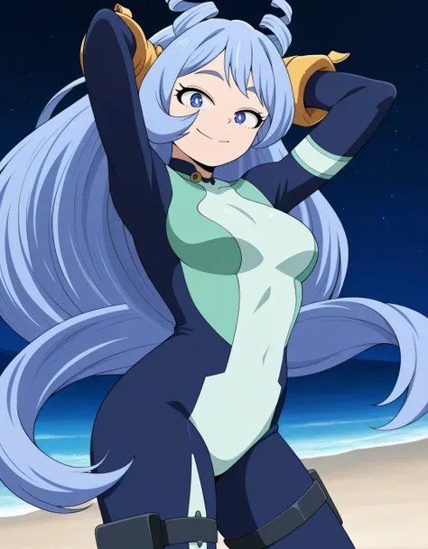 
nejir3, blue eyes, blue hair, long hair, hair down back, twin drills, hair horns,
nejir3her0, blue bodysuit, green bodysuit, multicolored bodysuit, thigh straps, yellow gloves, blue arm coils, blue spiral wrist straps, anime screencap, high quality, close...