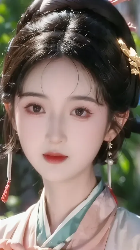 1 beautiful girl,best quality,(painting:1.5),Chest,torii,,depth of field, detailed face ,facial focus,ribbon_trim,(watching the audience:1.25),Smile,Thick lips,Real People,Hanfu