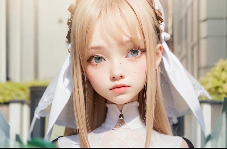 Girl with hazelnut hair, hazelnut eye color, she has two white things in her hair, her outfit is white with purple accents.
