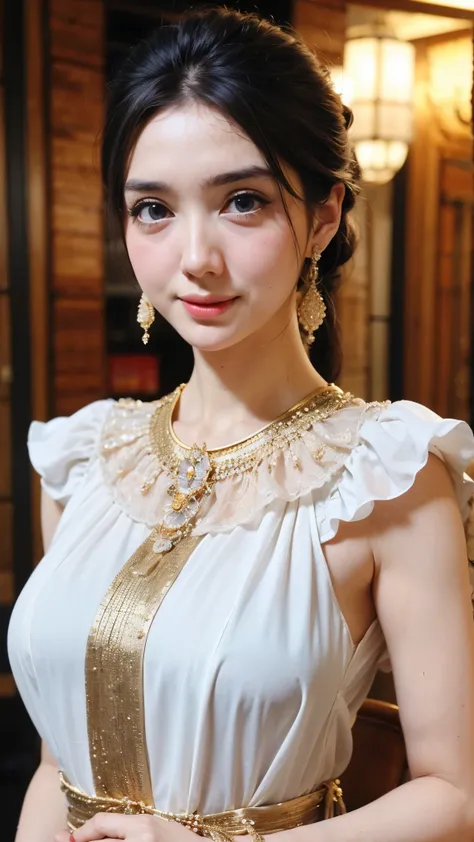 ((best quality)), ((masterpiece)), (detailed), 1girl, wearing luxury gold gown, night queen, ((mature girl)), beautiful white skin, 