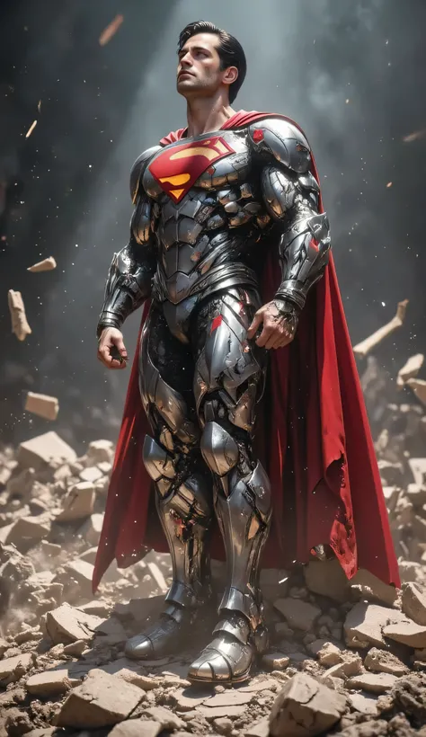 A breathtaking 8K ultra-realistic cinematic image focusing solely on Superman as he rises alone from the shattered arena floor.

Superman, fully clad in his gleaming, battle-damaged silver Kryptonian armor, dominates the frame. Dust and debris swirl chaoti...