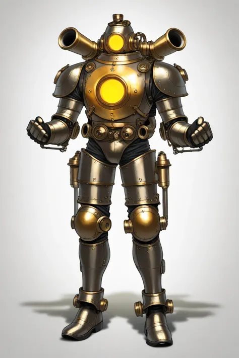 2d digital illustration, art style, steampunk armor design for a man full body armor up to the feet, front view. Two glowing round eyes, With color details: gold and silver. pistons, pipes attached to hands and legs, shock absorbers, glowing orange arc rea...