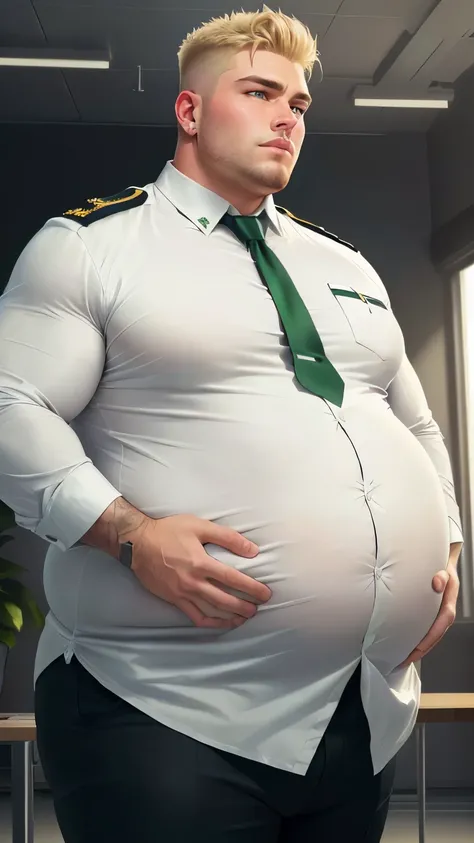 Young modern extremely handsome muscular bulky young male pilot with rotund blob like belly in pilot uniform, blond fade hair, small silver earring, piercing green eyes, extremely handsome and hunky masculine chiseled face, wearing tight white pilot formal...