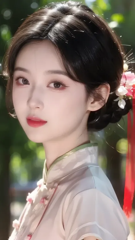 1 beautiful girl,best quality,(painting:1.5),Chest,torii,,depth of field, detailed face ,facial focus,ribbon_trim,(watching the audience:1.25),Smile,Thick lips,Real People,cheongsam