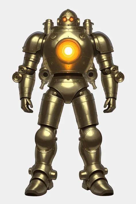 2d digital illustration, art style, steampunk armor design for a man full body armor up to the feet, front view. Two glowing round eyes, With color details: gold and silver. pistons, pipes attached to hands and legs, shock absorbers, glowing orange arc rea...