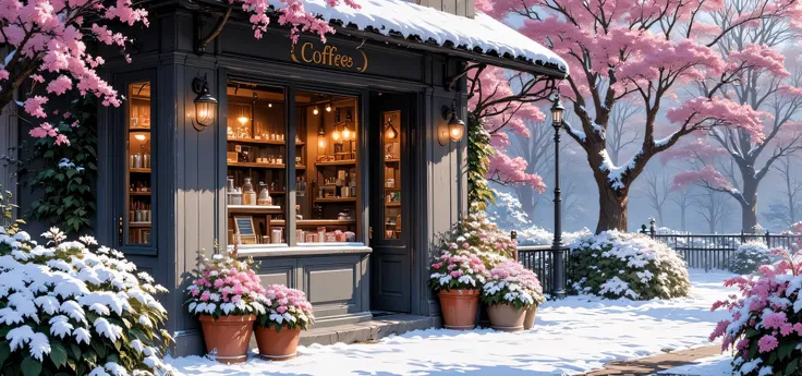 A charming winter scene of a cozy coffee shop, "Coffee," in a snow-covered park.  The shop's facade is dark gray wooden, with visible snow and subtle snowfall. The windows display warm interior lighting, showcasing baked goods and other treats.  Numerous p...